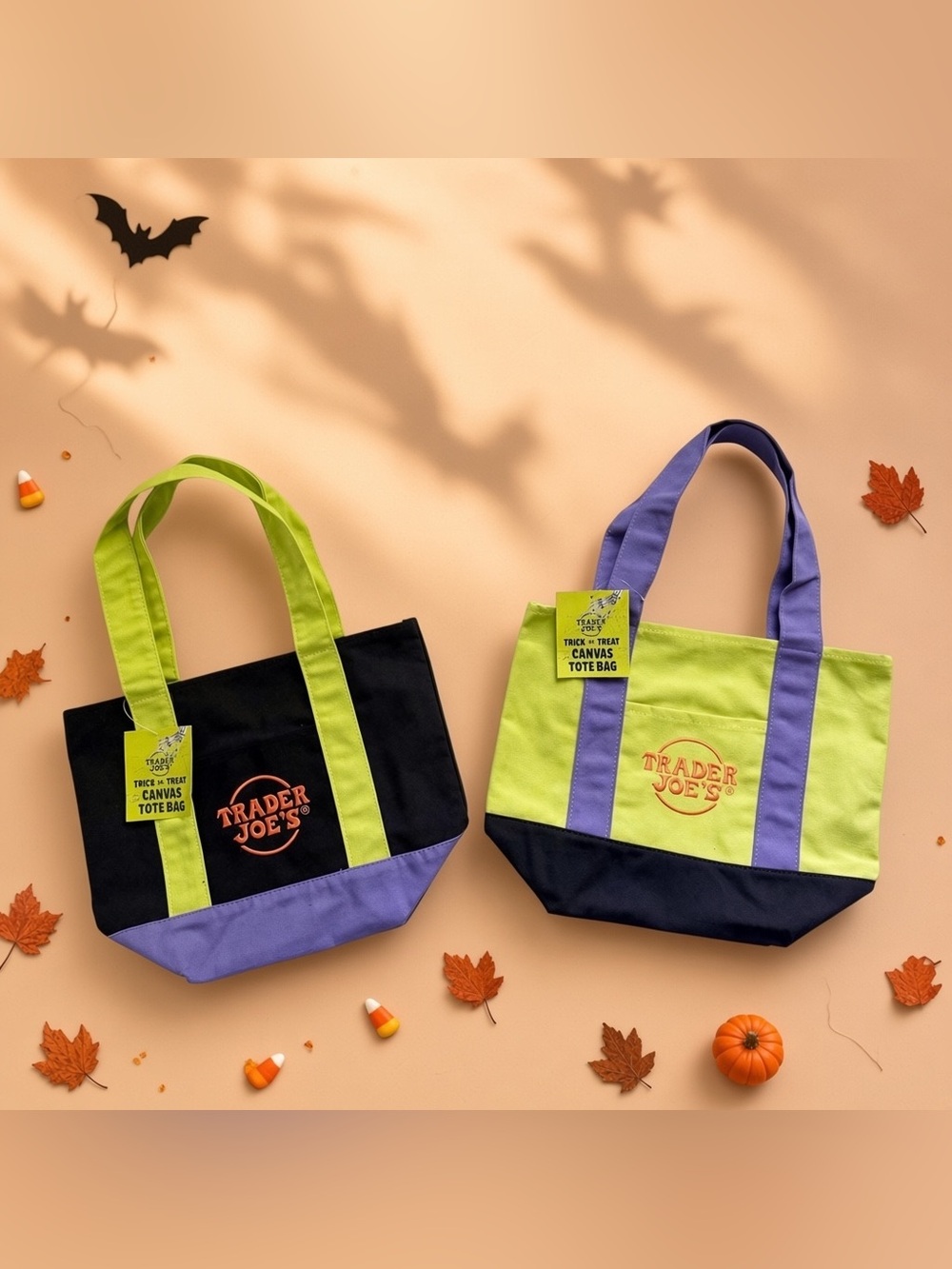 Set of 2 Trader Joe’s Trick or Treat Mini Canvas Tote Bags Black/Green/Purple